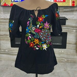 Mexican Colorful Peacock embroidered Top. Size‎ M